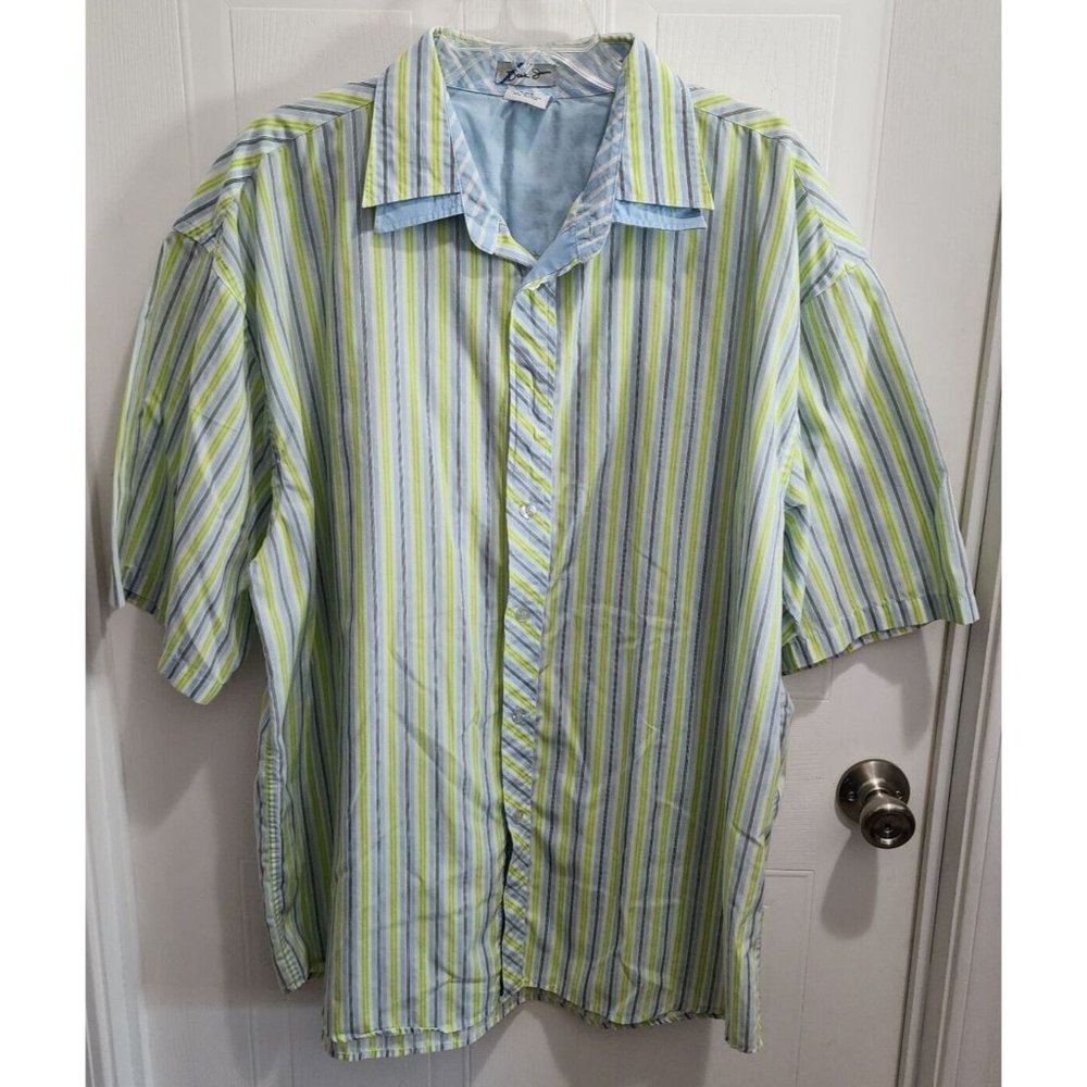 Dtek Jeans Men's XXL‎ Double Collar Short Sleeve Green Blue Striped Button Shirt